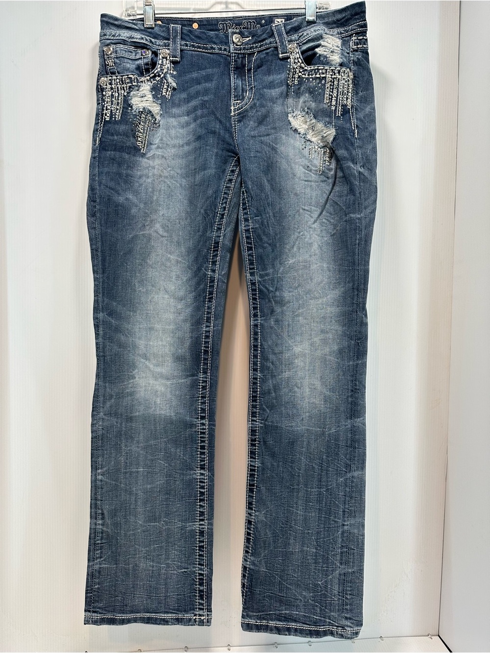 Miss Me Jeans Straight Leg Mid-rise Size 31 Embellished Distressed
